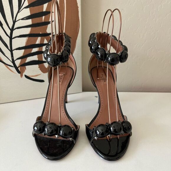 Alaia Bombe 90 Black Ankle-Strap Studded Leather Stiletto Heel Sandals Size 37 - Picture 2 of 8